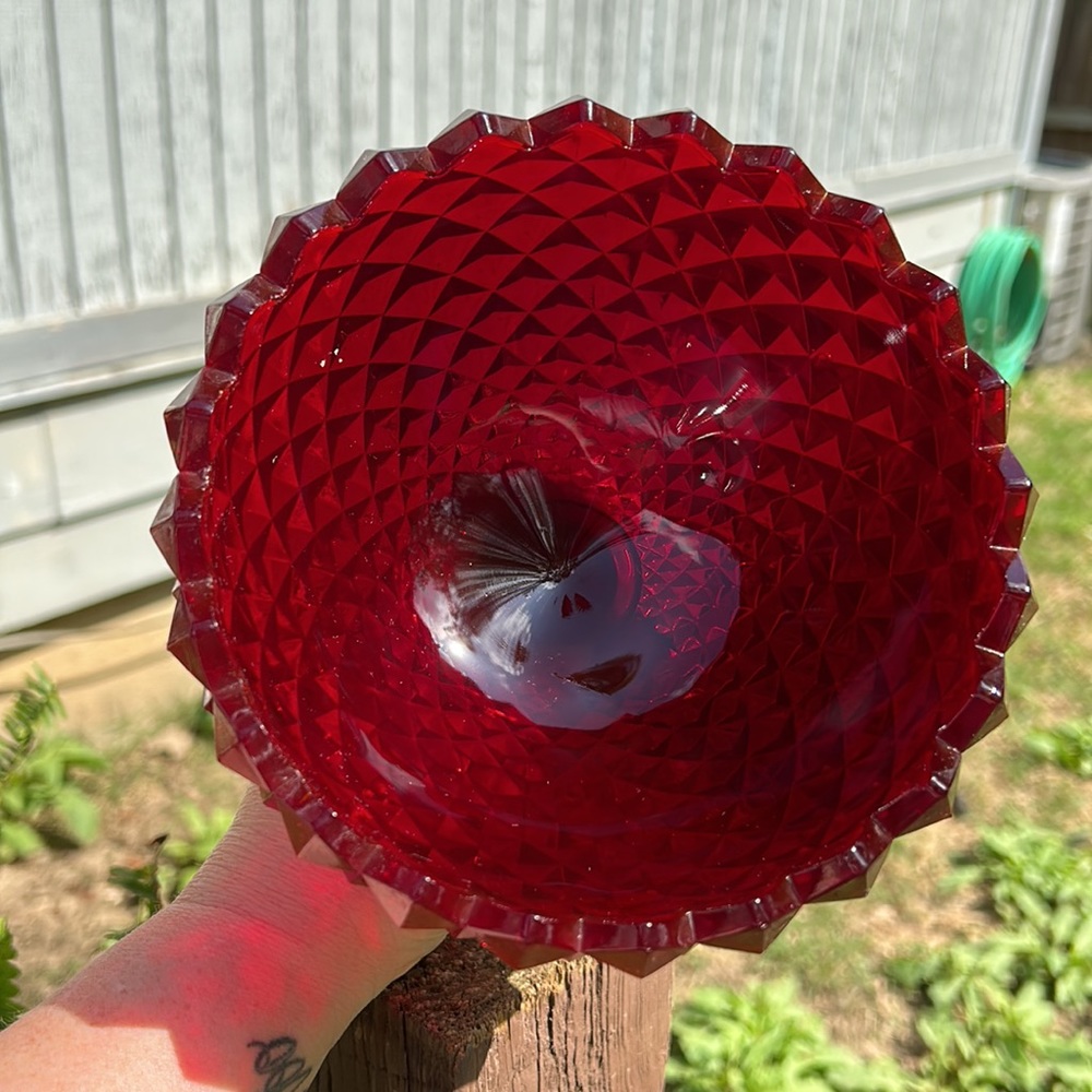 Vintage Westmoreland Ruby Red Glass Sawtooth Pattern Covered Compote GLOWS - Picture 6 of 14